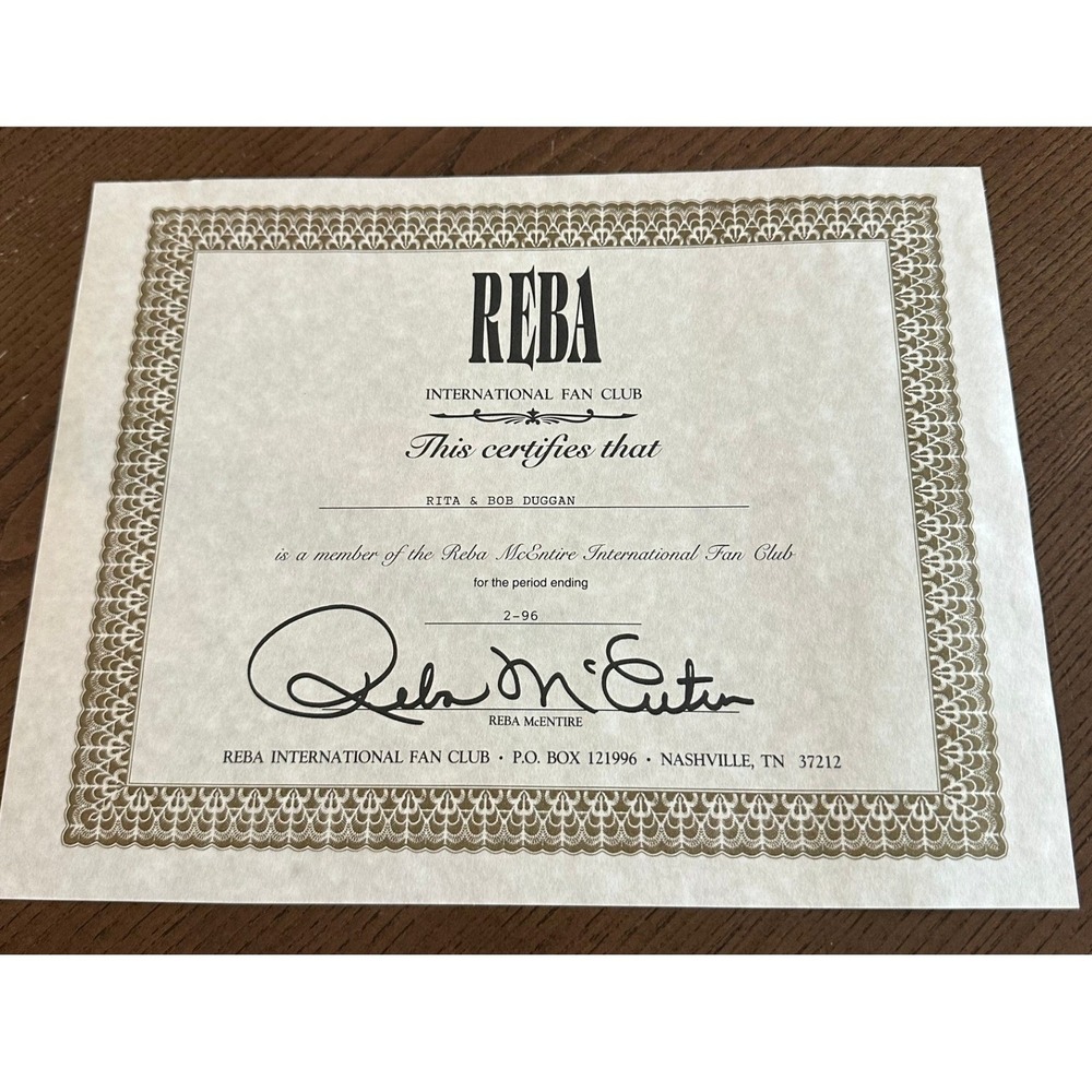 Vtg 1996 Reba McEntire International Fan Club Membership Certificate Nashville